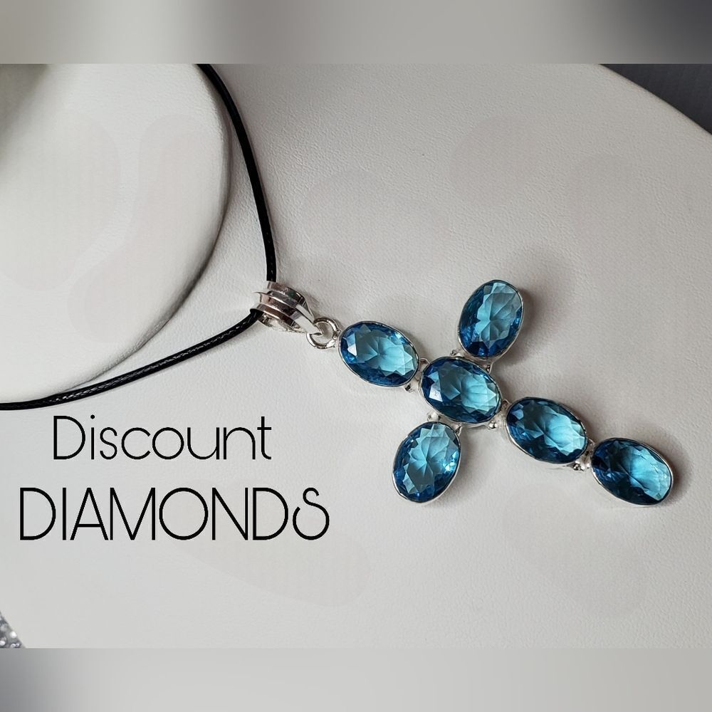 Blue Crystal Cross Pendant Necklace - Picture 3 of 7